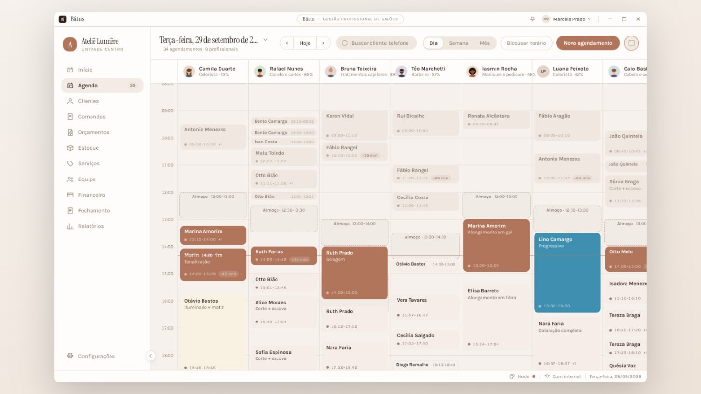 A agenda do dia no Bátus: uma coluna por profissional, com os atendimentos coloridos e os que já fizeram check-in em destaque