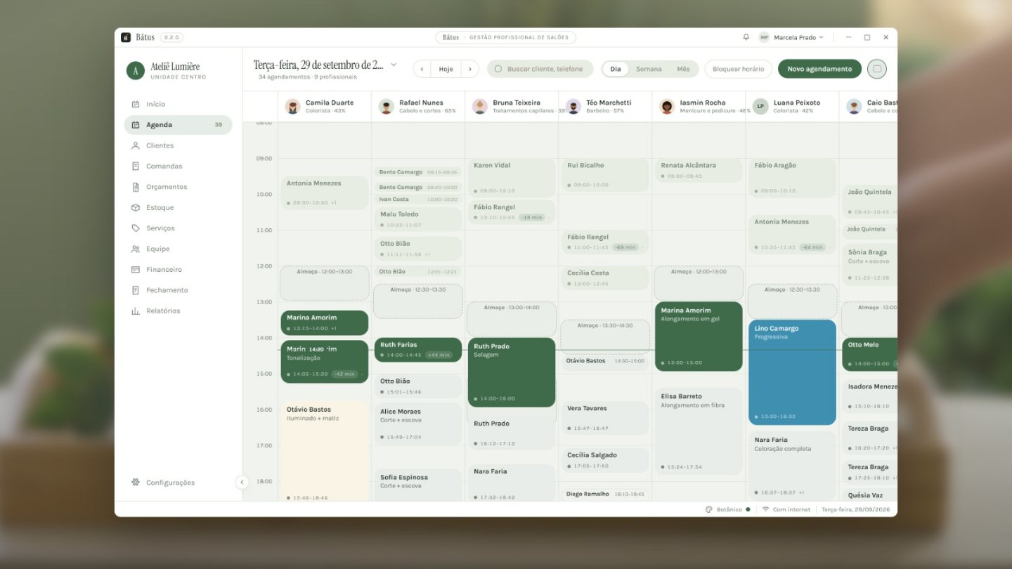 A agenda do dia no Bátus, no tema Botânico, com uma coluna por profissional