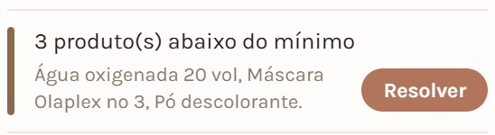 Painel do Bátus: três produtos abaixo do mínimo — água oxigenada 20 vol, máscara Olaplex nº 3 e pó descolorante